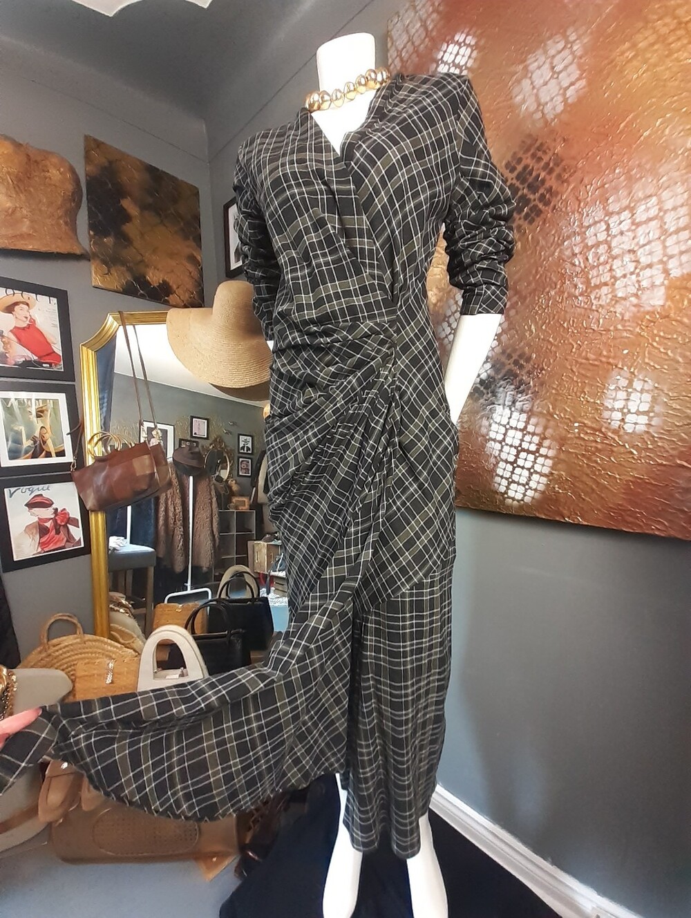 Zara Classic Black Plaid Wrap Midi Dress